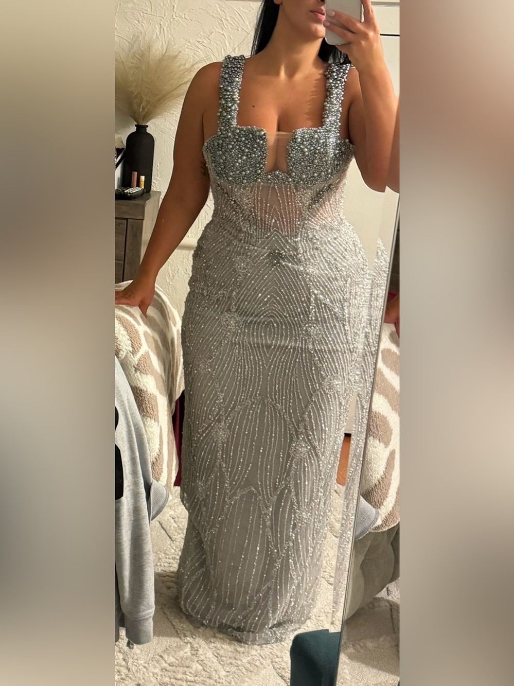 Silver Beaded Evening Dress - Elegant Formal Gown